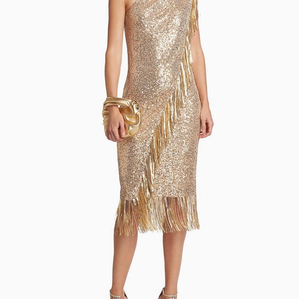 Badgley Mischka Fringe Trim Gold Sequin One Shoulder Cocktail Dress